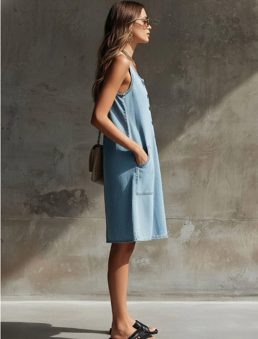 Womens Sleeveless Denim Dress - Button-Front Scoop Neck A-Line Dress